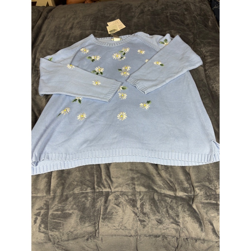 QVC Style Quacker Factory Daisy Embroidered Knit Sweater‎ Blue 3X NWT